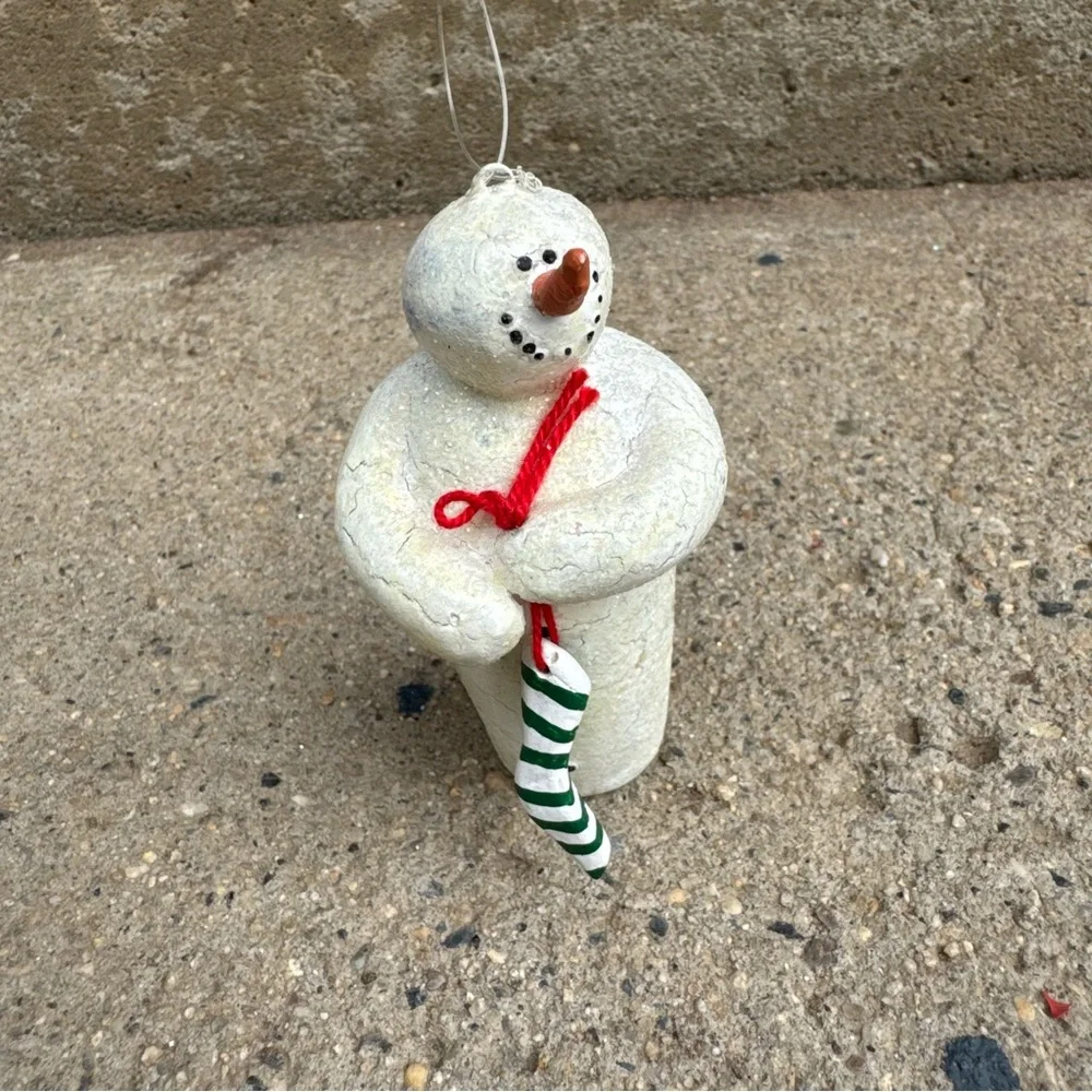 VTG Department 56 Crackled Snowman Ornament‎ with Red Scarf and Green Stocking